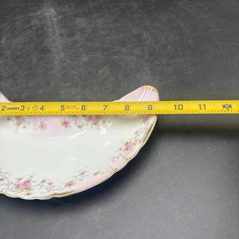 Lefton China Trinket Dish Dainty Pink Rose, Gold Trim Crescent‎ Shape